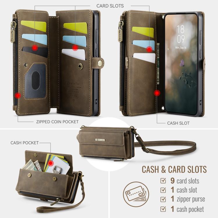 For Samsung Galaxy S24 FE 5G CaseMe C39 RFID Blocking Zipper Wallet Leather Phone Case with Crossbody Strap(Coffee) - Galaxy S24 FE 5G Cases by CaseMe | Online Shopping UK | buy2fix