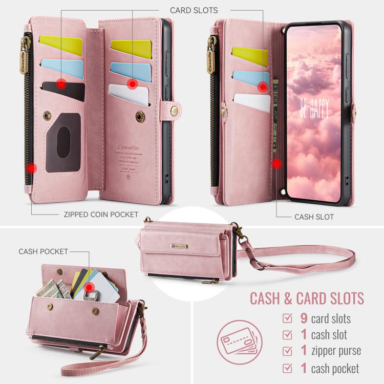 For Samsung Galaxy S24 FE 5G CaseMe C39 RFID Blocking Zipper Wallet Leather Phone Case with Crossbody Strap(Pink) - Galaxy S24 FE 5G Cases by CaseMe | Online Shopping UK | buy2fix