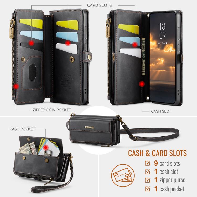 For Samsung Galaxy S22 5G CaseMe C39 RFID Blocking Zipper Wallet Leather Phone Case with Crossbody Strap(Black) - Galaxy S22 5G Cases by CaseMe | Online Shopping UK | buy2fix