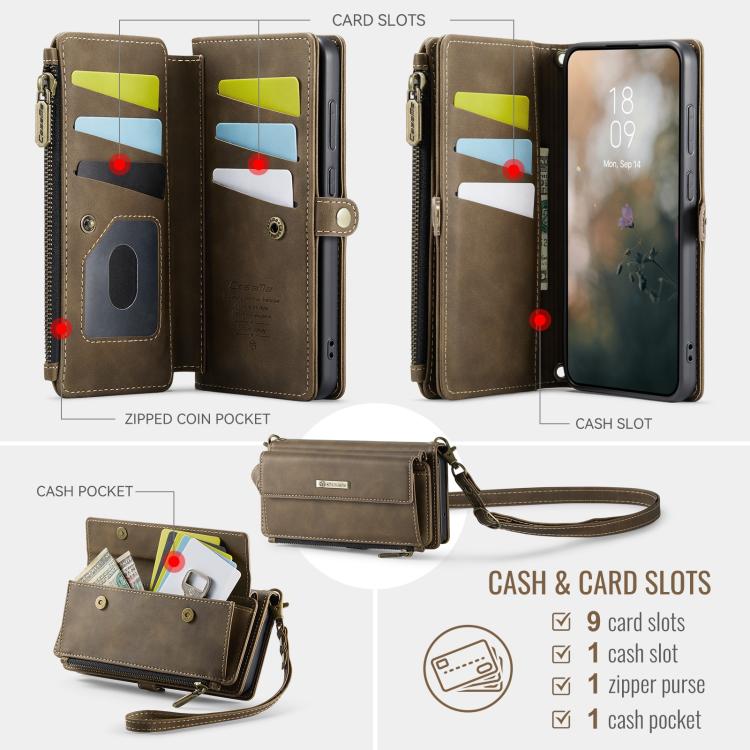 For Samsung Galaxy S22 5G CaseMe C39 RFID Blocking Zipper Wallet Leather Phone Case with Crossbody Strap(Coffee) - Galaxy S22 5G Cases by CaseMe | Online Shopping UK | buy2fix