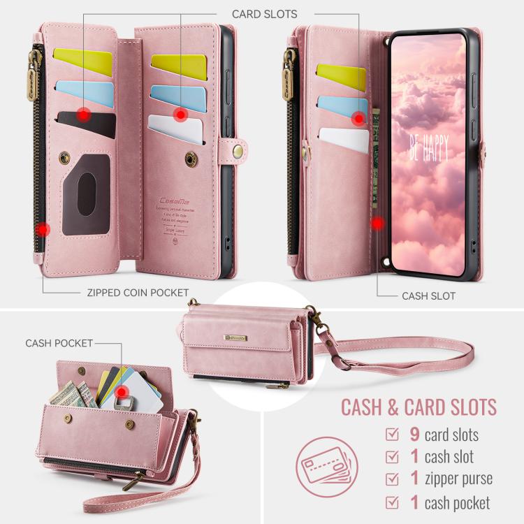 For Samsung Galaxy S22 5G CaseMe C39 RFID Blocking Zipper Wallet Leather Phone Case with Crossbody Strap(Pink) - Galaxy S22 5G Cases by CaseMe | Online Shopping UK | buy2fix