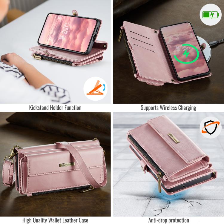For Samsung Galaxy S22 5G CaseMe C39 RFID Blocking Zipper Wallet Leather Phone Case with Crossbody Strap(Pink) - Galaxy S22 5G Cases by CaseMe | Online Shopping UK | buy2fix