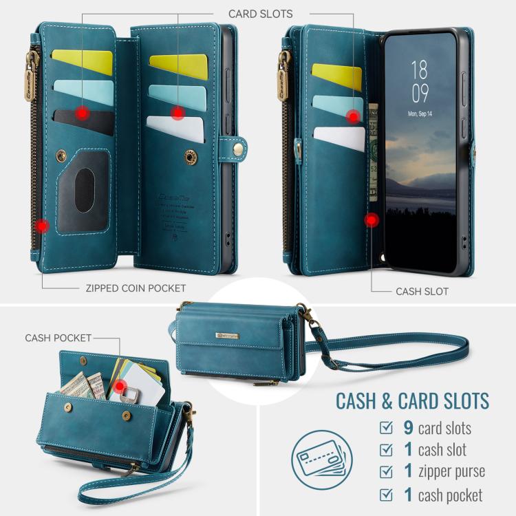 For Samsung Galaxy S22 5G CaseMe C39 RFID Blocking Zipper Wallet Leather Phone Case with Crossbody Strap(Green) - Galaxy S22 5G Cases by CaseMe | Online Shopping UK | buy2fix
