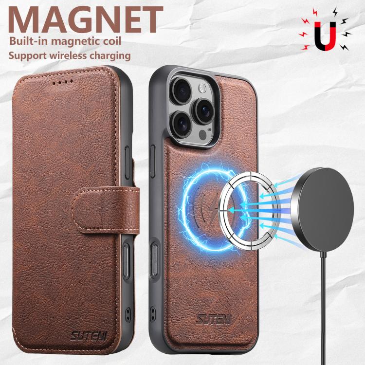 For iPhone 16 Pro Suteni Q05 2-in-1 Multi-function MagSafe Wallet Litchi Leather Phone Case(Brown) - iPhone 16 Pro Cases by Suteni | Online Shopping UK | buy2fix