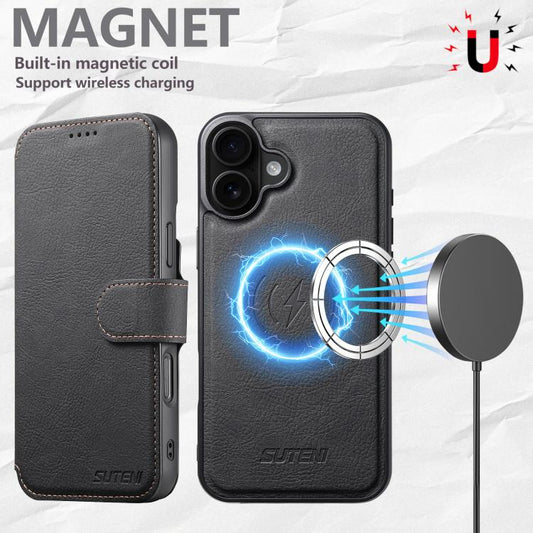 For iPhone 16 Plus Suteni Q05 2-in-1 Multi-function MagSafe Wallet Litchi Leather Phone Case(Black) - iPhone 16 Plus Cases by Suteni | Online Shopping UK | buy2fix