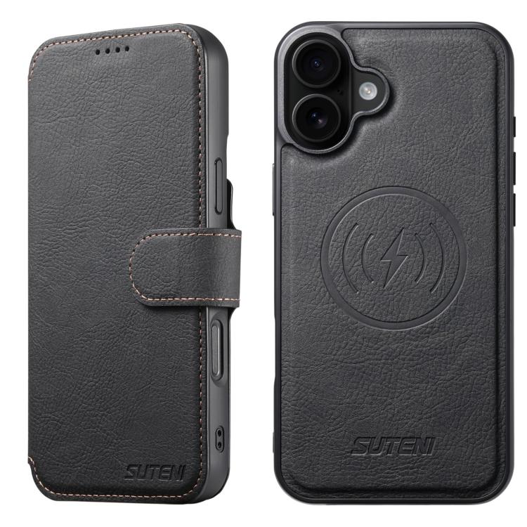 For iPhone 16 Plus Suteni Q05 2-in-1 Multi-function MagSafe Wallet Litchi Leather Phone Case(Black) - iPhone 16 Plus Cases by Suteni | Online Shopping UK | buy2fix