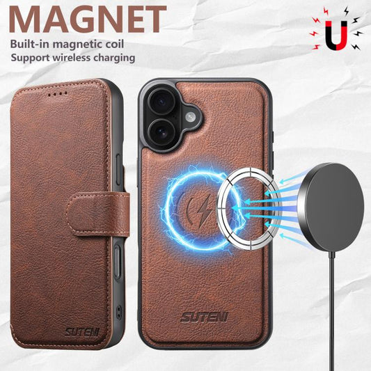 For iPhone 16 Suteni Q05 2-in-1 Multi-function MagSafe Wallet Litchi Leather Phone Case(Brown) - iPhone 16 Cases by Suteni | Online Shopping UK | buy2fix