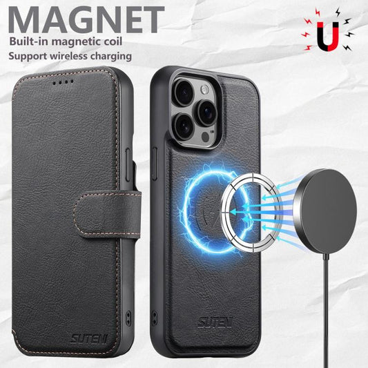 For iPhone 15 Suteni Q05 2-in-1 Multi-function MagSafe Wallet Litchi Leather Phone Case(Black) - iPhone 15 Cases by Suteni | Online Shopping UK | buy2fix