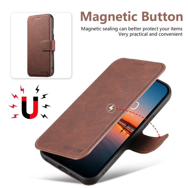For iPhone 14 Suteni Q05 2-in-1 Multi-function MagSafe Wallet Litchi Leather Phone Case(Brown) - iPhone 14 Cases by Suteni | Online Shopping UK | buy2fix