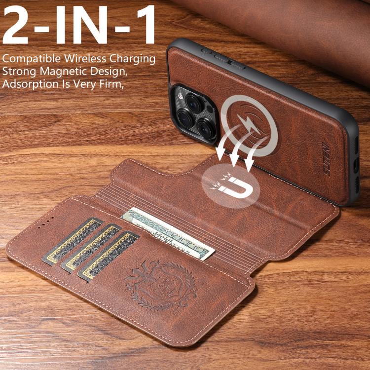 For iPhone 14 Suteni Q05 2-in-1 Multi-function MagSafe Wallet Litchi Leather Phone Case(Brown) - iPhone 14 Cases by Suteni | Online Shopping UK | buy2fix