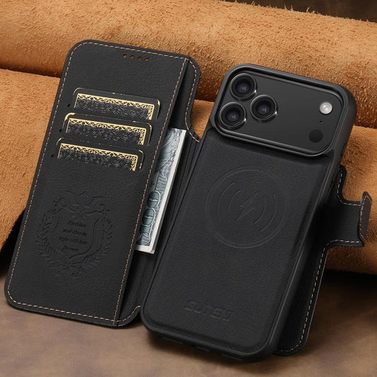 For iPhone 17 Pro Suteni Q05 2-in-1 Multi-function MagSafe Wallet Litchi Leather Phone Case(Black) - iPhone 16 Pro Max Cases by Suteni | Online Shopping UK | buy2fix