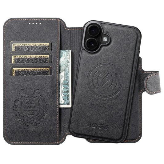 For iPhone 17 Suteni Q05 2-in-1 Multi-function MagSafe Wallet Litchi Leather Phone Case(Black) - iPhone 17 Cases by Suteni | Online Shopping UK | buy2fix