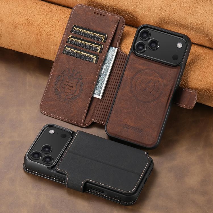 For iPhone 14 Suteni Q05 2-in-1 Multi-function MagSafe Wallet Litchi Leather Phone Case(Brown) - iPhone 14 Cases by Suteni | Online Shopping UK | buy2fix