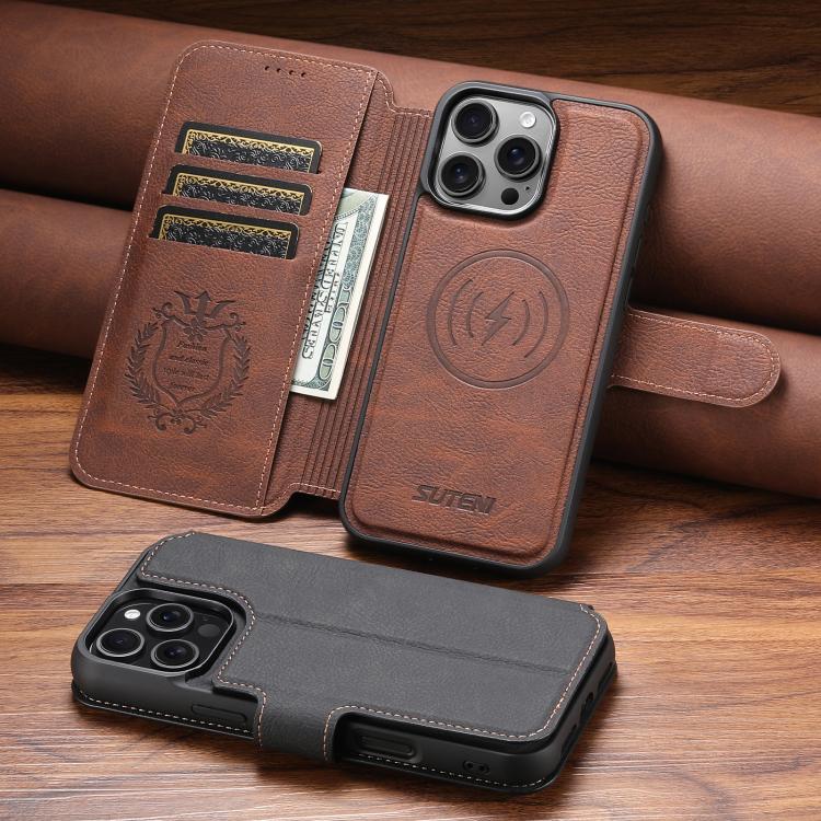 For iPhone 14 Suteni Q05 2-in-1 Multi-function MagSafe Wallet Litchi Leather Phone Case(Brown) - iPhone 14 Cases by Suteni | Online Shopping UK | buy2fix
