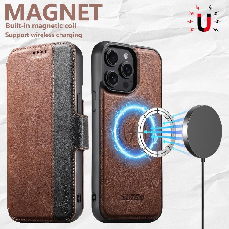 For iPhone 15 Pro Suteni Q07 2-in-1 Multi-function Detachable Wallet MagSafe Phone Case(Brown) - iPhone 15 Pro Cases by Suteni | Online Shopping UK | buy2fix