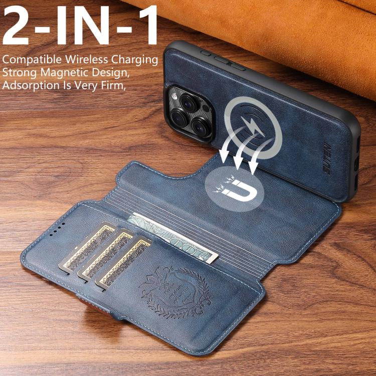 For iPhone 14 Suteni Q07 2-in-1 Multi-function Detachable Wallet MagSafe Phone Case(Blue) - iPhone 14 Cases by Suteni | Online Shopping UK | buy2fix
