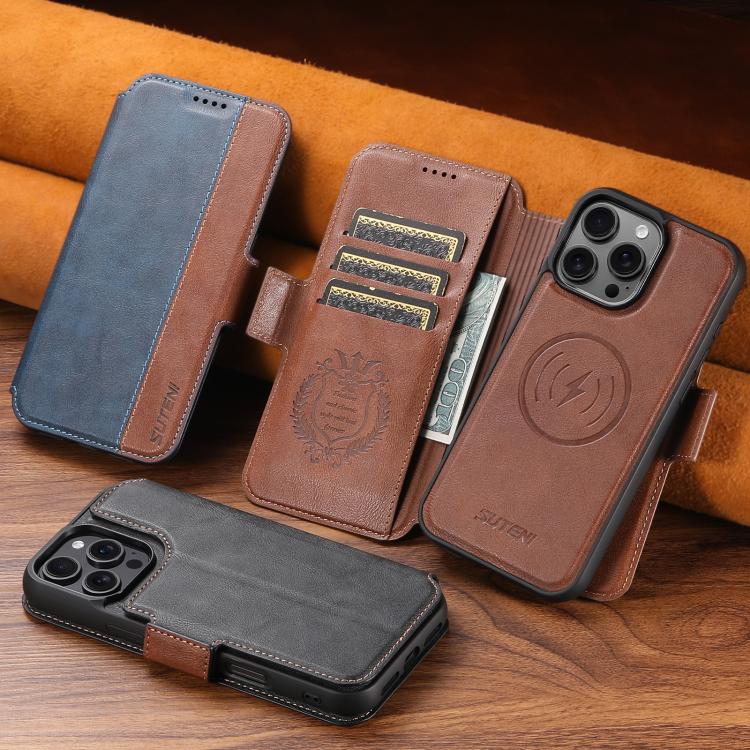For iPhone 14 Suteni Q07 2-in-1 Multi-function Detachable Wallet MagSafe Phone Case(Blue) - iPhone 14 Cases by Suteni | Online Shopping UK | buy2fix