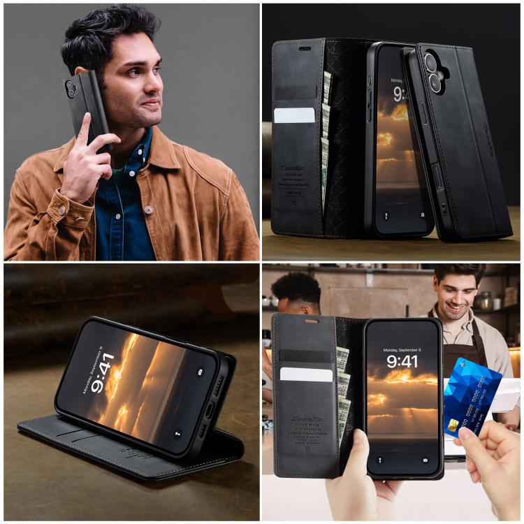 For iPhone 16 Plus CaseMe 033 Calf Leather Lining Microfibre RFID Blocking Phone Case(Black) - iPhone 16 Plus Cases by CaseMe | Online Shopping UK | buy2fix