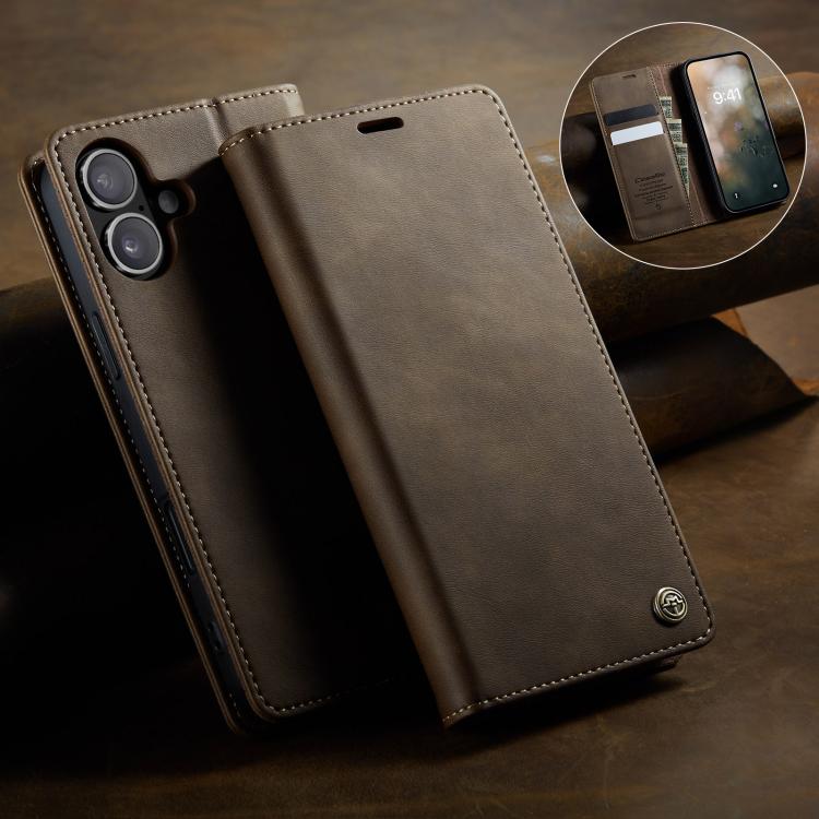 For iPhone 16 Plus CaseMe 033 Calf Leather Lining Microfibre RFID Blocking Phone Case(Coffee) - iPhone 16 Plus Cases by CaseMe | Online Shopping UK | buy2fix