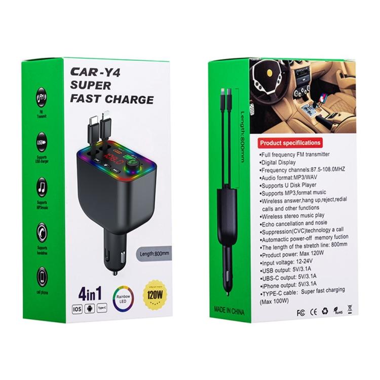 Y4 Retractable Cable Super Fast Charging Car Charger Bluetooth-Compatible MP3 Player - Bluetooth Car Kits by buy2fix | Online Shopping UK | buy2fix