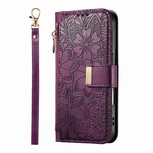 For iPhone Air Flowers Leaves Zipper Wallet Leather Phone Case with Strap(Purple) - iPhone Air Cases by buy2fix | Online Shopping UK | buy2fix