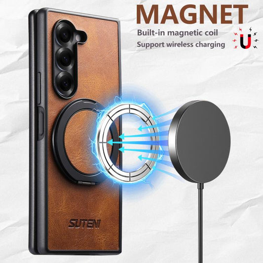 For Samsung Galaxy Z Fold7 5G Suteni G3 Oil Wax 360 Rotation Holder MagSafe Back Phone Case(Brown) - Galaxy Z Fold7 5G Cases by Suteni | Online Shopping UK | buy2fix