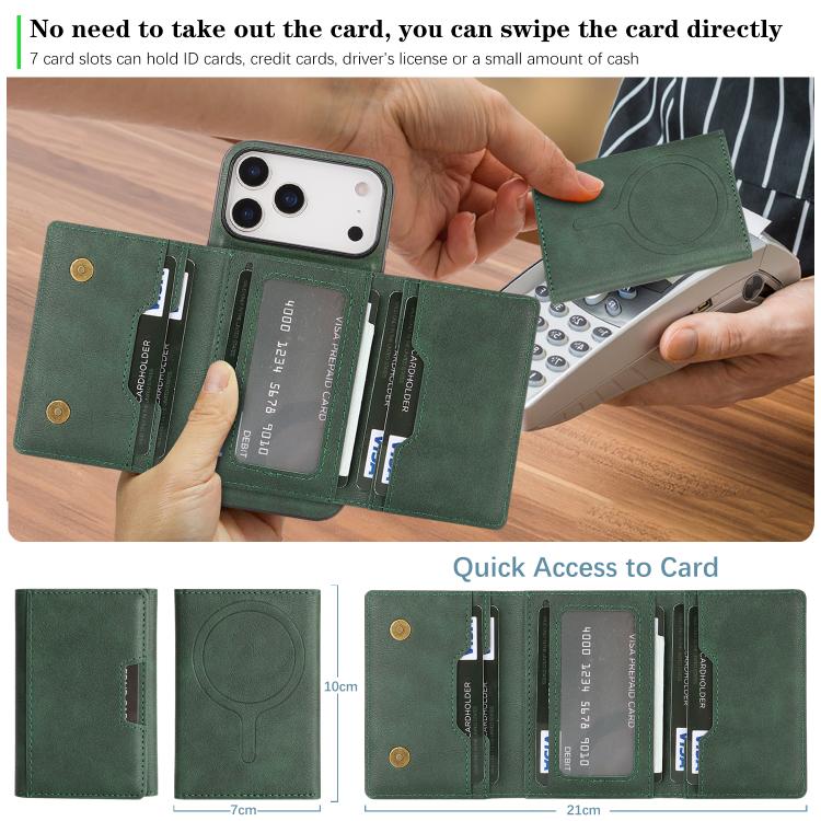 For iPhone 17 Pro Max Kalebol Strong Magnetic MagSafe Tri-Fold Wallet Leather Phone Case(Green) - iPhone 17 Pro Max Cases by Kalebol | Online Shopping UK | buy2fix