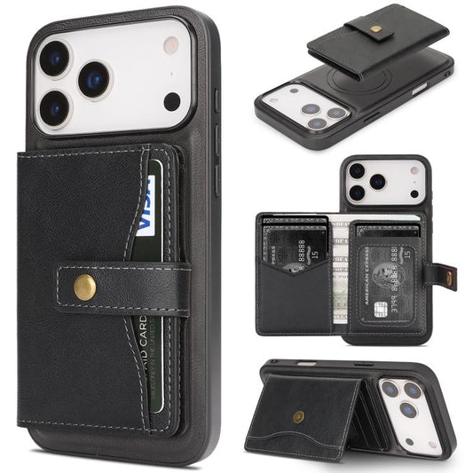 For iPhone 17 Pro Max Kalebol Magnetic Button Card Bag MagSafe Ring Leather Phone Case(Black) - iPhone 17 Pro Max Cases by Kalebol | Online Shopping UK | buy2fix