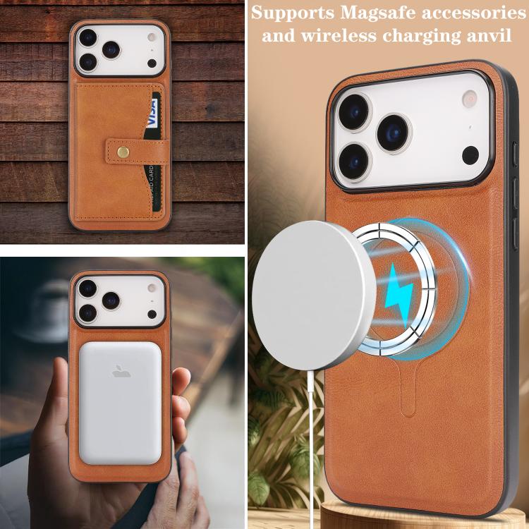 For iPhone 17 Pro Max Kalebol Magnetic Button Card Bag MagSafe Ring Leather Phone Case(Brown) - iPhone 17 Pro Max Cases by Kalebol | Online Shopping UK | buy2fix