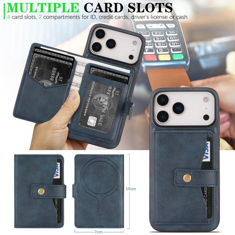 For iPhone 17 Pro Max Kalebol Magnetic Button Card Bag MagSafe Ring Leather Phone Case(Blue) - iPhone 17 Pro Max Cases by Kalebol | Online Shopping UK | buy2fix