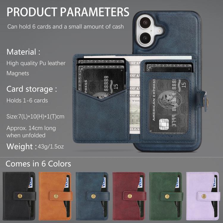 For iPhone 17 Kalebol Magnetic Button Card Bag MagSafe Ring Leather Phone Case(Blue) - iPhone 17 Cases by Kalebol | Online Shopping UK | buy2fix