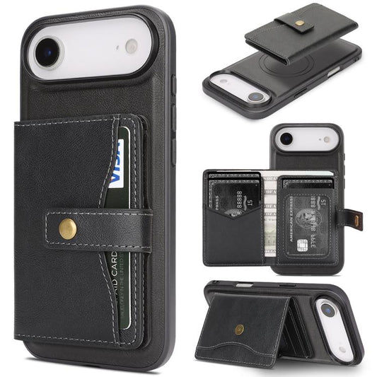For iPhone Air Kalebol Magnetic Button Card Bag MagSafe Ring Leather Phone Case(Black) - iPhone Air Cases by Kalebol | Online Shopping UK | buy2fix