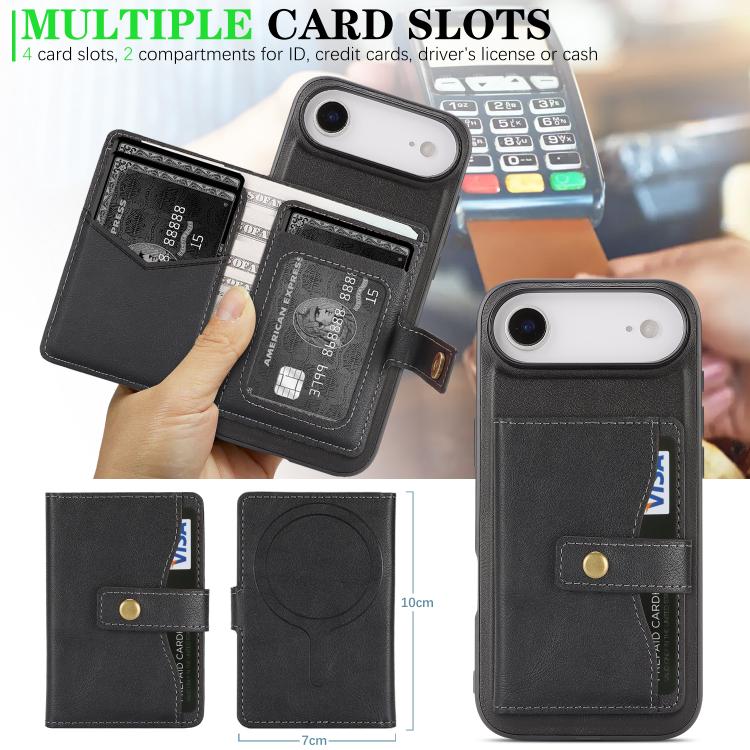 For iPhone Air Kalebol Magnetic Button Card Bag MagSafe Ring Leather Phone Case(Black) - iPhone Air Cases by Kalebol | Online Shopping UK | buy2fix