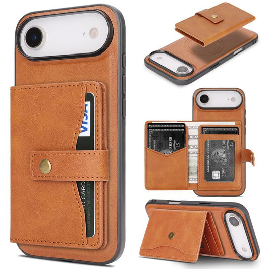 For iPhone Air Kalebol Magnetic Button Card Bag MagSafe Ring Leather Phone Case(Brown) - iPhone Air Cases by Kalebol | Online Shopping UK | buy2fix
