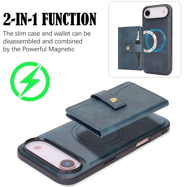 For iPhone Air Kalebol Magnetic Button Card Bag MagSafe Ring Leather Phone Case(Blue) - iPhone Air Cases by Kalebol | Online Shopping UK | buy2fix