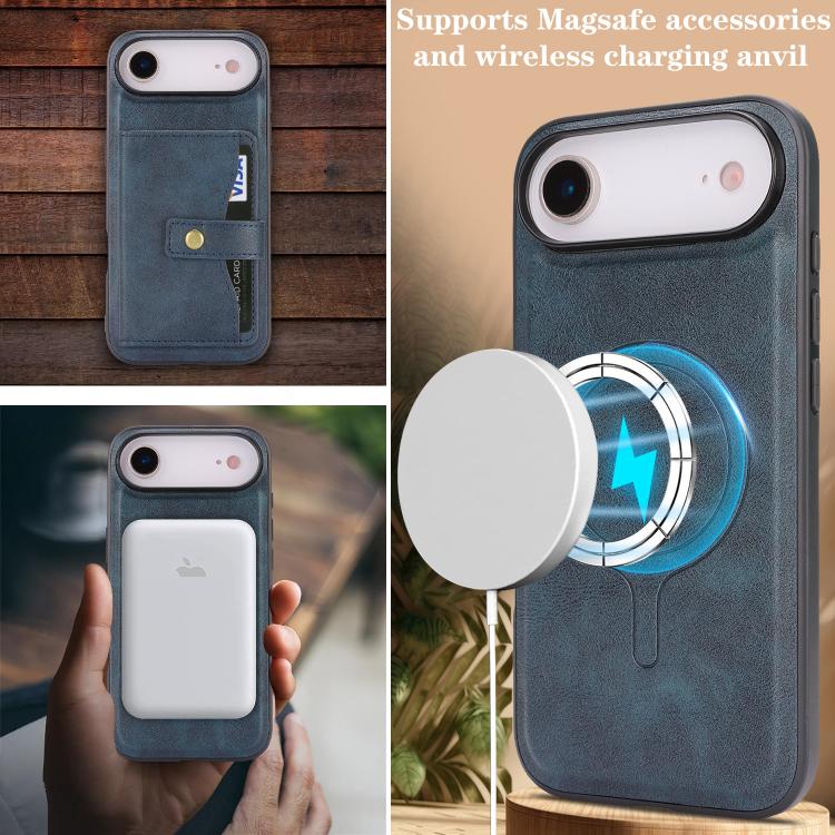 For iPhone Air Kalebol Magnetic Button Card Bag MagSafe Ring Leather Phone Case(Blue) - iPhone Air Cases by Kalebol | Online Shopping UK | buy2fix