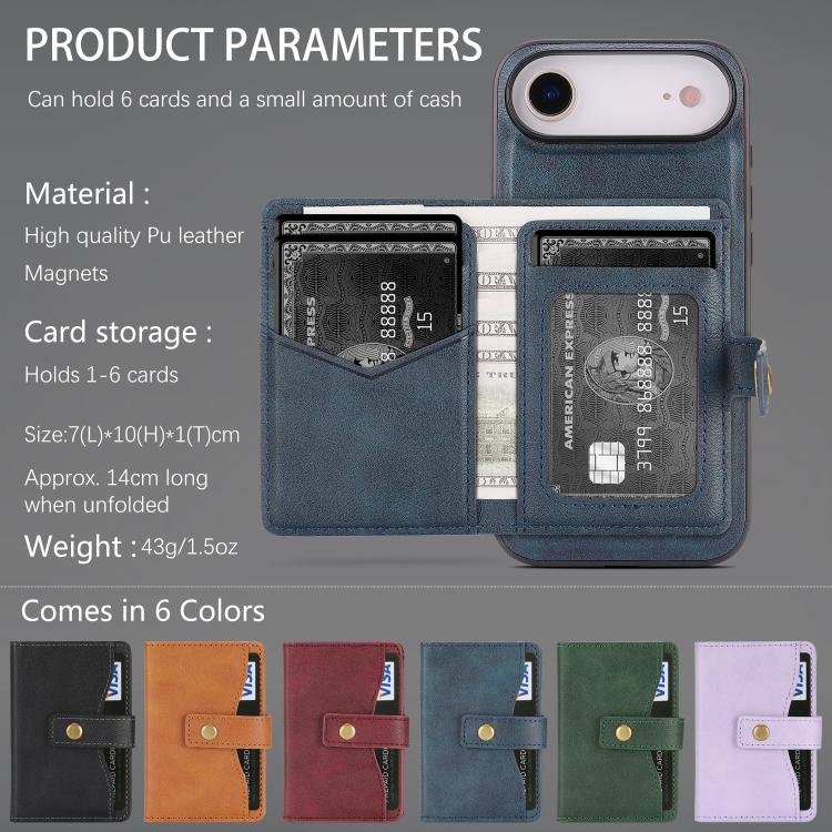 For iPhone Air Kalebol Magnetic Button Card Bag MagSafe Ring Leather Phone Case(Blue) - iPhone Air Cases by Kalebol | Online Shopping UK | buy2fix