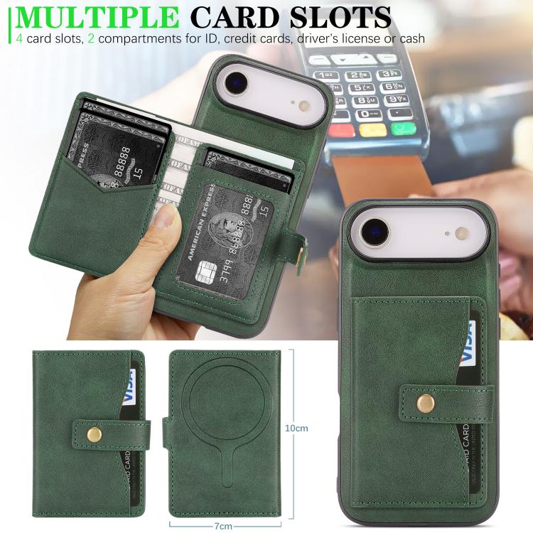 For iPhone 17 Air Kalebol Magnetic Button Card Bag MagSafe Ring Leather Phone Case(Green) - iPhone 17 Air Cases by Kalebol | Online Shopping UK | buy2fix