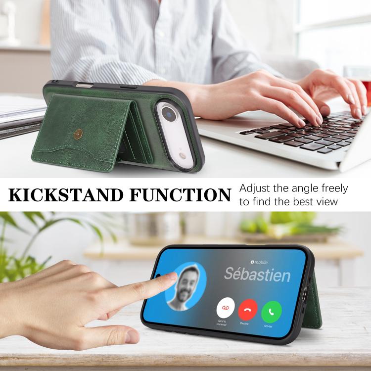 For iPhone 17 Air Kalebol Magnetic Button Card Bag MagSafe Ring Leather Phone Case(Green) - iPhone 17 Air Cases by Kalebol | Online Shopping UK | buy2fix