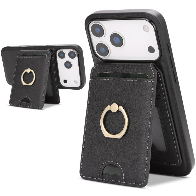For iPhone 17 Pro Max Kalebol Strong MagSafe Ring Magnetic Card Bag Holder Leather Phone Case(Black) - iPhone 17 Pro Max Cases by Kalebol | Online Shopping UK | buy2fix