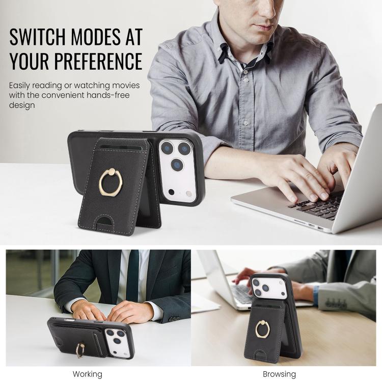 For iPhone 17 Pro Max Kalebol Strong MagSafe Ring Magnetic Card Bag Holder Leather Phone Case(Black) - iPhone 17 Pro Max Cases by Kalebol | Online Shopping UK | buy2fix