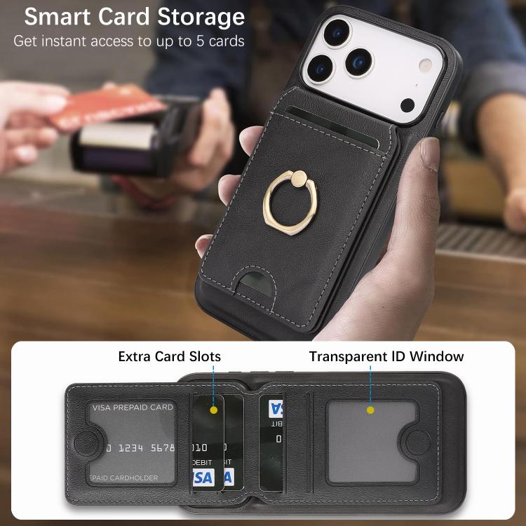 For iPhone 17 Pro Max Kalebol Strong MagSafe Ring Magnetic Card Bag Holder Leather Phone Case(Black) - iPhone 17 Pro Max Cases by Kalebol | Online Shopping UK | buy2fix