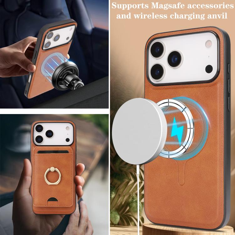 For iPhone 17 Pro Max Kalebol Strong MagSafe Ring Magnetic Card Bag Holder Leather Phone Case(Brown) - iPhone 17 Pro Max Cases by Kalebol | Online Shopping UK | buy2fix