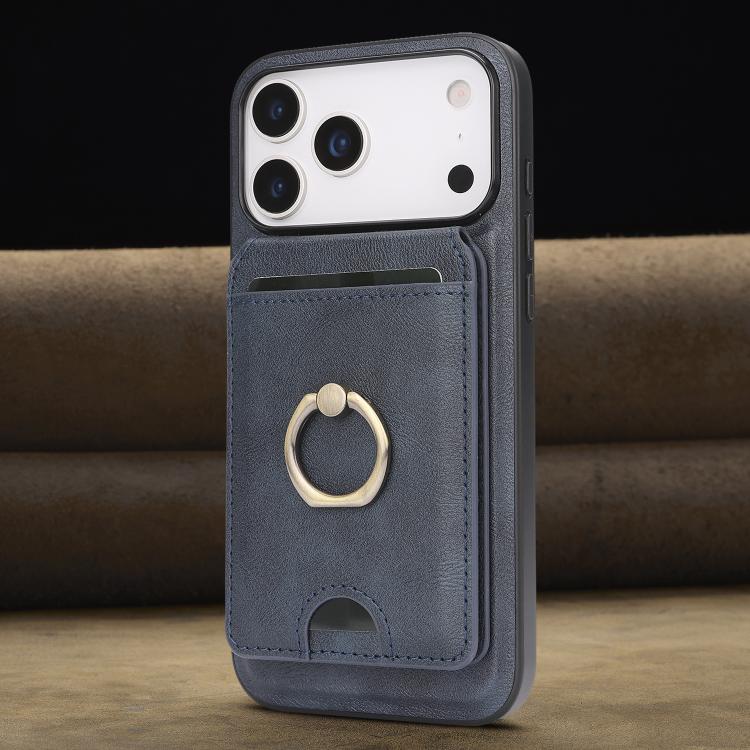 For iPhone 17 Pro Max Kalebol Strong MagSafe Ring Magnetic Card Bag Holder Leather Phone Case(Blue) - iPhone 17 Pro Max Cases by Kalebol | Online Shopping UK | buy2fix