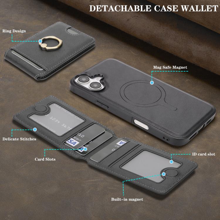 For iPhone 17 Kalebol Strong MagSafe Ring Magnetic Card Bag Holder Leather Phone Case(Black) - iPhone 17 Cases by Kalebol | Online Shopping UK | buy2fix