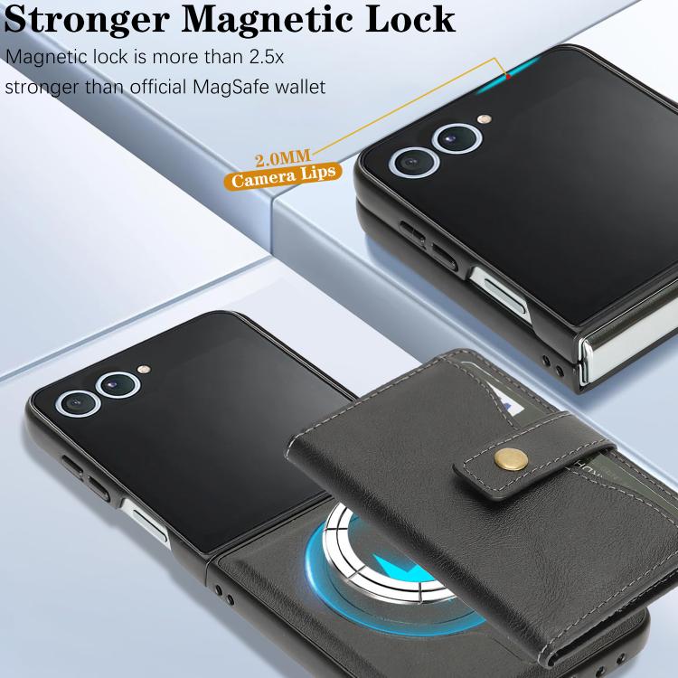 For Samsung Galaxy Z Flip7 Kalebol Magnetic Button Card Bag MagSafe Ring Leather Phone Case(Black) - Galaxy Z Flip7 5G Cases by Kalebol | Online Shopping UK | buy2fix