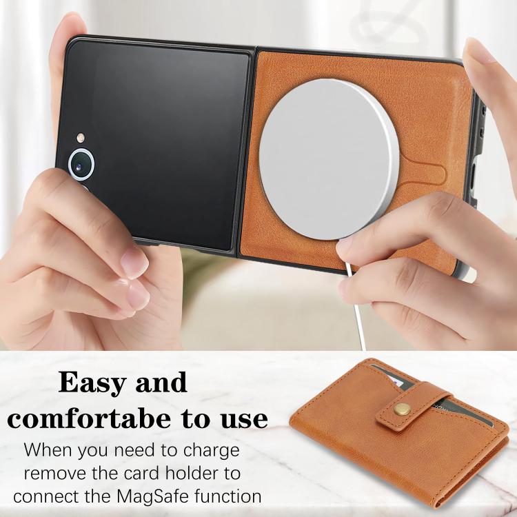 For Samsung Galaxy Z Flip7 Kalebol Magnetic Button Card Bag MagSafe Ring Leather Phone Case(Brown) - Galaxy Z Flip7 5G Cases by Kalebol | Online Shopping UK | buy2fix