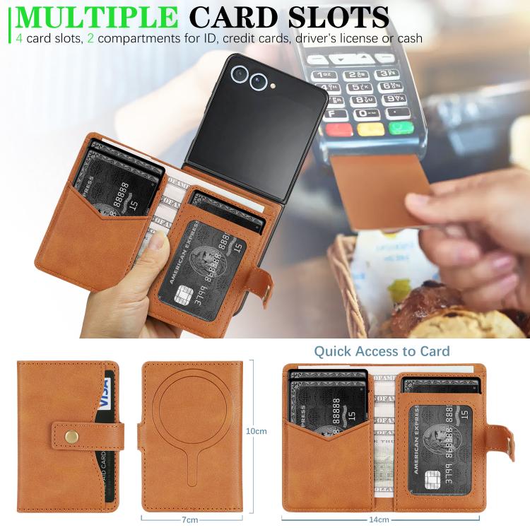 For Samsung Galaxy Z Flip7 Kalebol Magnetic Button Card Bag MagSafe Ring Leather Phone Case(Brown) - Galaxy Z Flip7 5G Cases by Kalebol | Online Shopping UK | buy2fix