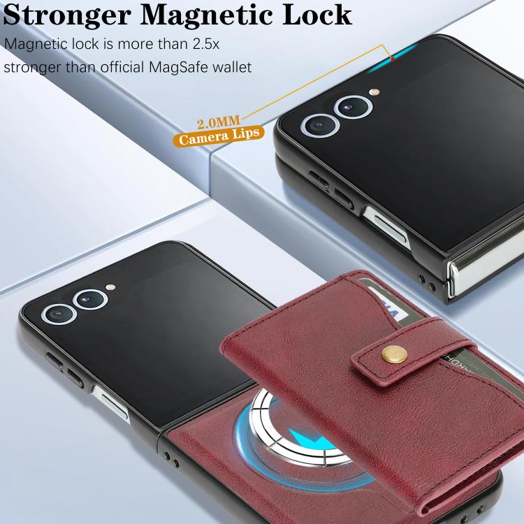 For Samsung Galaxy Z Flip7 Kalebol Magnetic Button Card Bag MagSafe Ring Leather Phone Case(Red) - Galaxy Z Flip7 5G Cases by Kalebol | Online Shopping UK | buy2fix