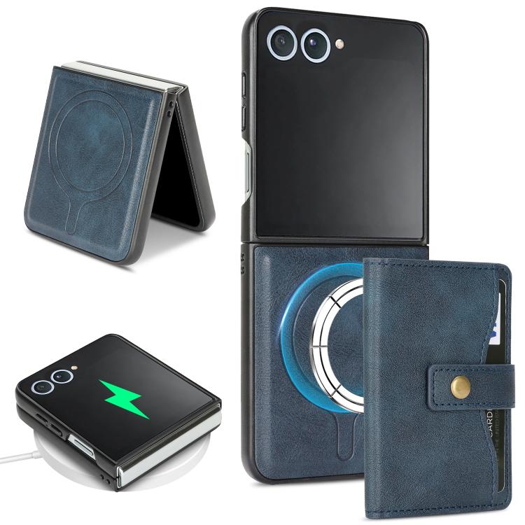 For Samsung Galaxy Z Flip7 Kalebol Magnetic Button Card Bag MagSafe Ring Leather Phone Case(Blue) - Galaxy Z Flip7 5G Cases by Kalebol | Online Shopping UK | buy2fix